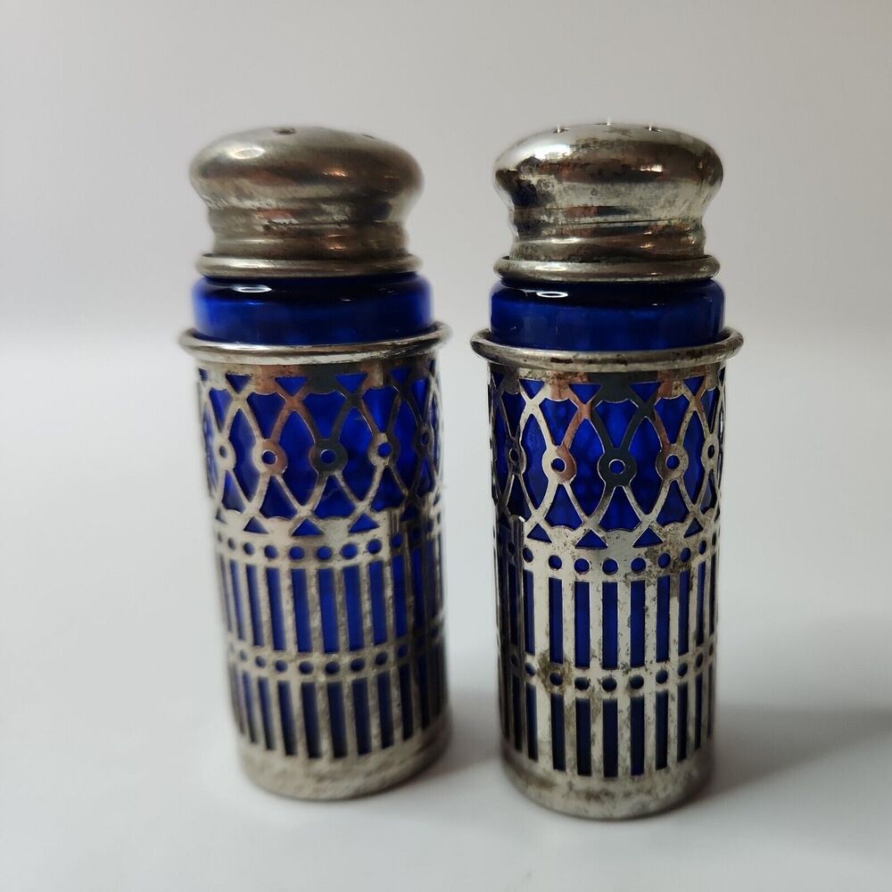 Vintage Cobalt Blue Salt & Pepper Shakers, Silver Plate Filigree Leonard,  Japan